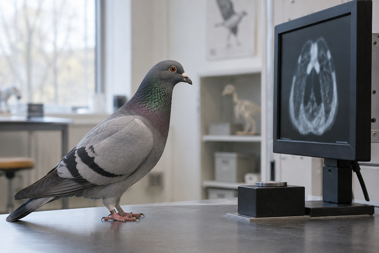 A grey pigeon beside a monitor showing blurred medical scan images.