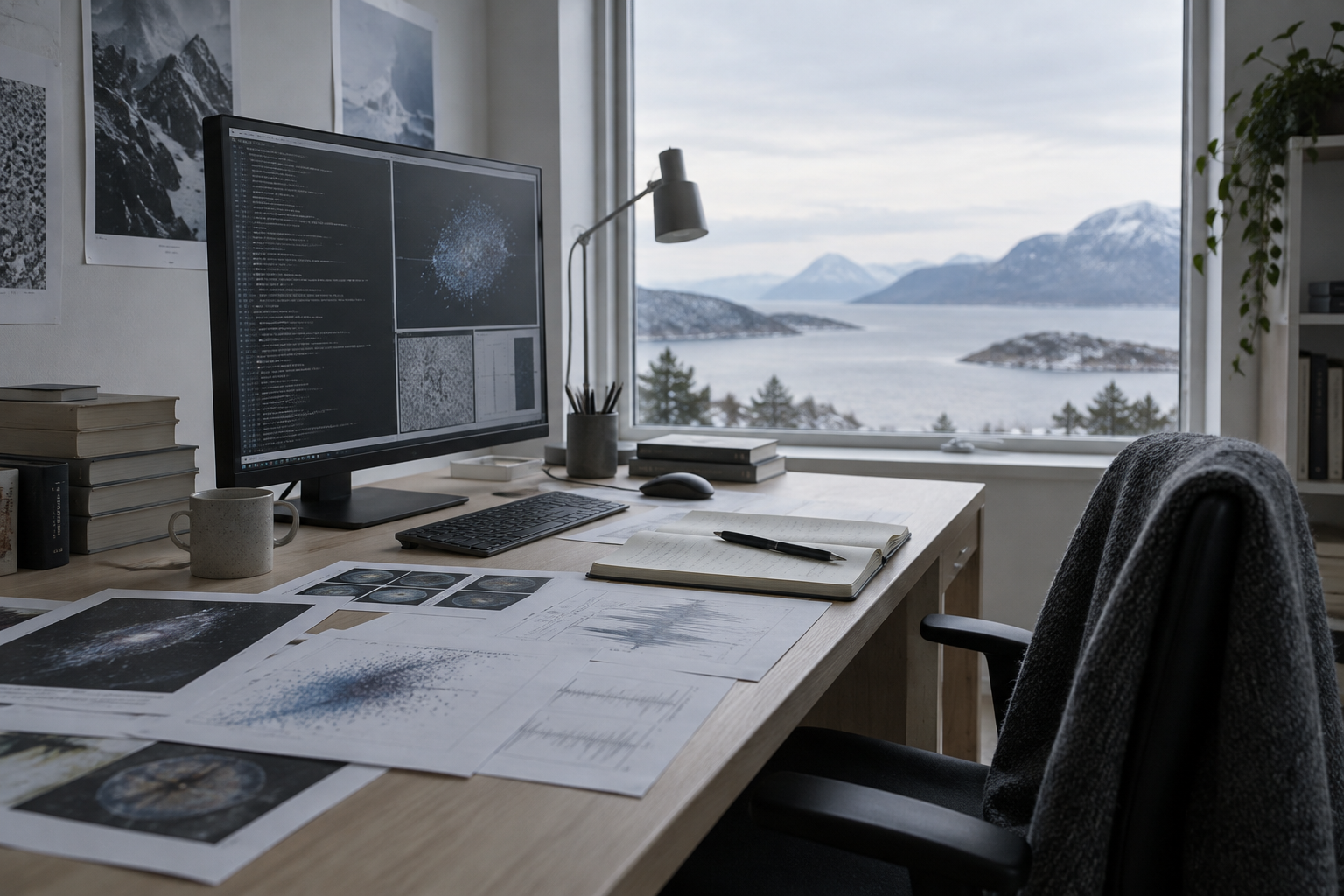 An empty research workstation with a monitor, printed charts and an open notebook.